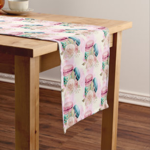 Colourful Macarons and Flowers Watercolor Pattern Short Table Runner