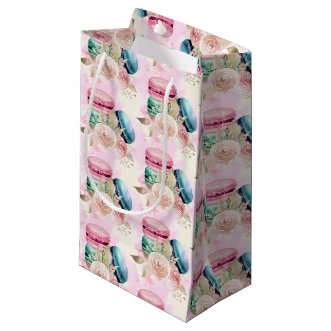 Colourful Macarons and Flowers Watercolor Pattern Small Gift Bag (Front Angled)