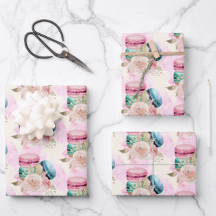 Colourful Macarons and Flowers Watercolor Pattern Wrapping Paper Sheet