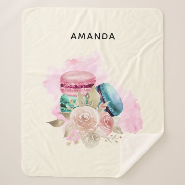 Colourful Macarons and Flowers Watercolor Sherpa Blanket (Front)