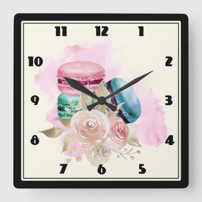 Colourful Macarons and Flowers Watercolor Square Wall Clock (Front)