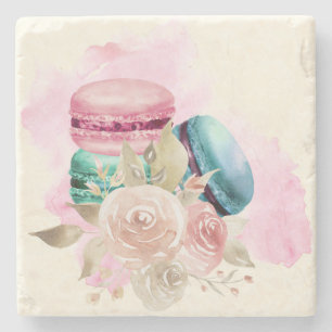Colourful Macarons and Flowers Watercolor Stone Coaster