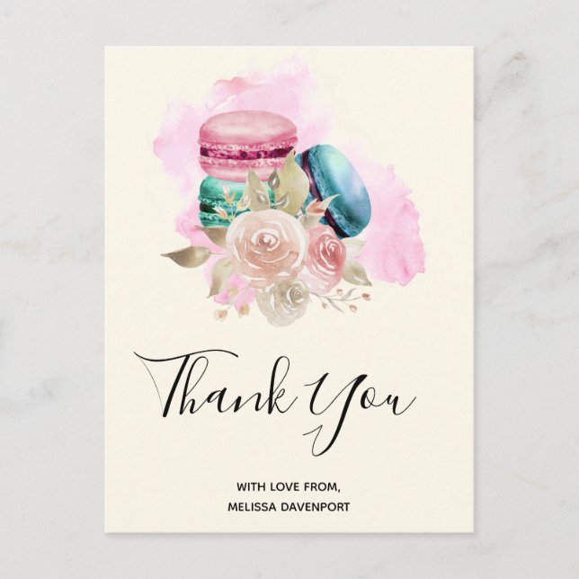 Colourful Macarons and Flowers Watercolor Thank Yo Postcard (Front)