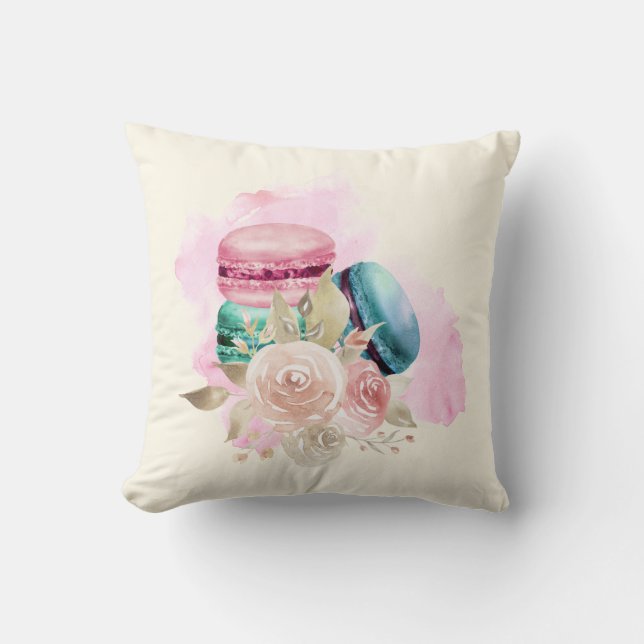 Colourful Macarons and Flowers Watercolor Throw Pillow (Front)