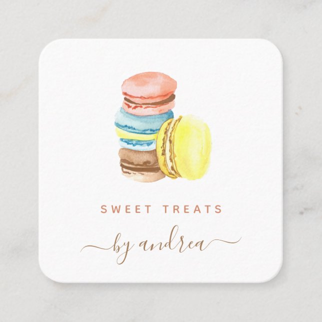 Colourful Macarons Qr Code Social Media Bakery Cut Square Business Card (Front)
