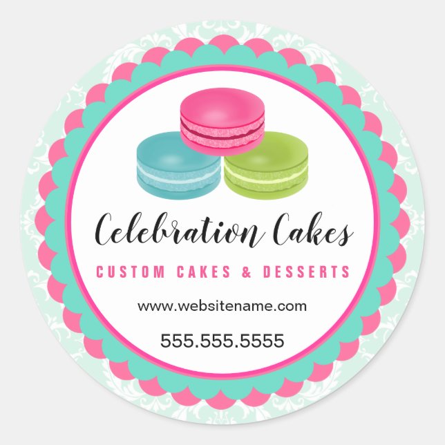 Colourful Macarons Scalloped Banner Bakery Classic Round Sticker (Front)