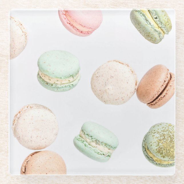 Colourful Macarons: Sweet Falling Pattern. Glass Coaster (Front)
