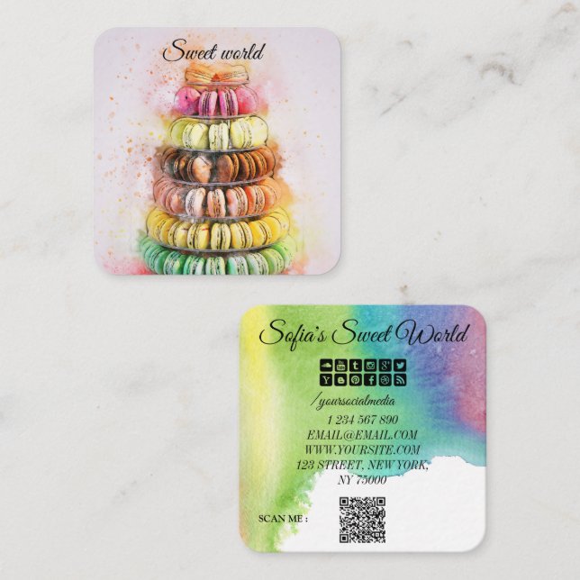 Colourful Macarons Sweets Qr Code Modern Square Business Card (Front/Back)