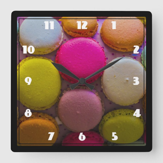 Colourful Macarons Tasty Baked Dessert Square Wall Clock (Front)