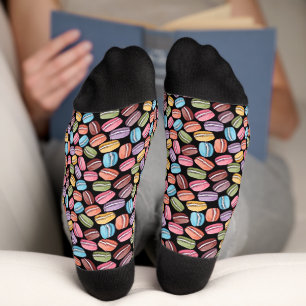 Colourful Macaroon Cookies Pattern on Black Socks