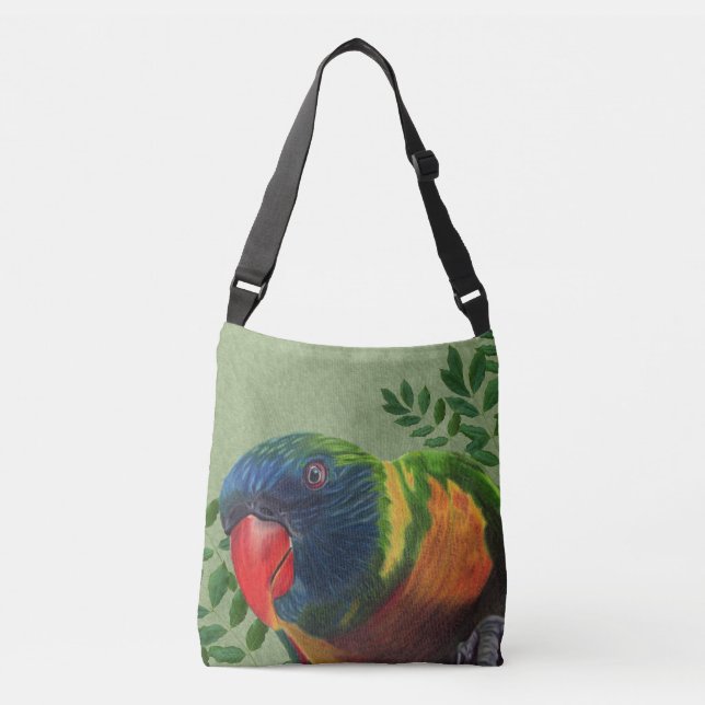 Colourful Macaw Parrot Sitting in Green Leafy Plan Crossbody Bag (Front)