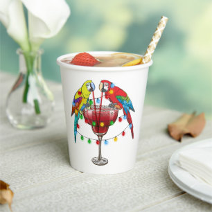 Colourful Macaw Parrots Drinking Red Paper Cups