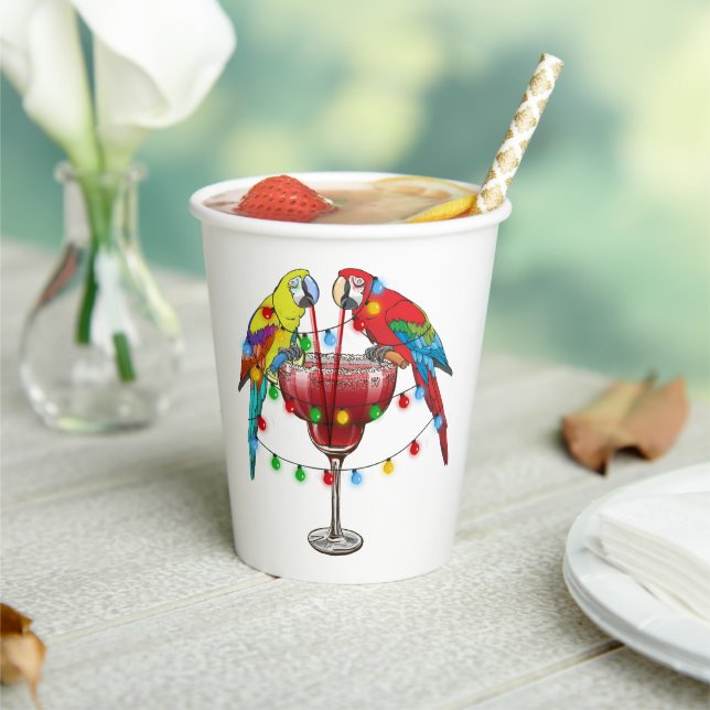 Colourful Macaw Parrots Drinking Red Paper Cups (Insitu)