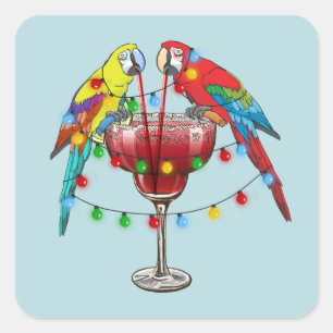 Colourful Macaw Parrots Drinking Red Wine Square Sticker