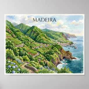 Colourful Madeira Portugal Watercolor Painting Poster