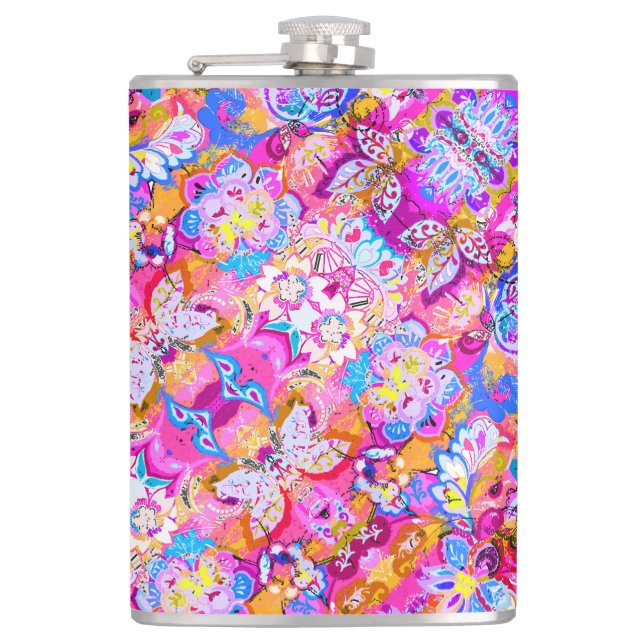 Colourful magic abstract floral hip flask (Front)