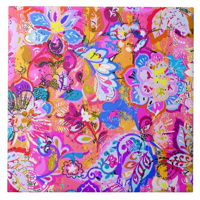 Colourful magic abstract floral tile (Front)