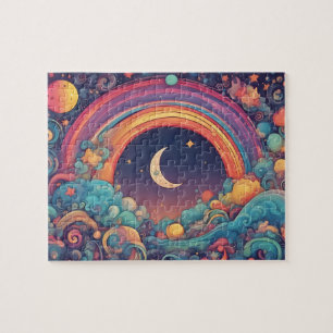 Colourful Magic Sky With Moon and Rainbow Jigsaw Puzzle