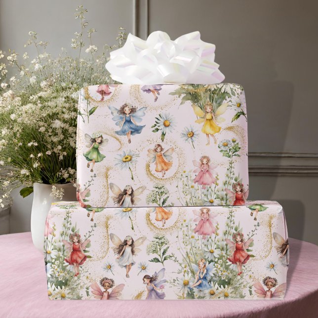 Colourful Magical Cute Floral Fairies Gold Glitter Wrapping Paper (Creator Uploaded)