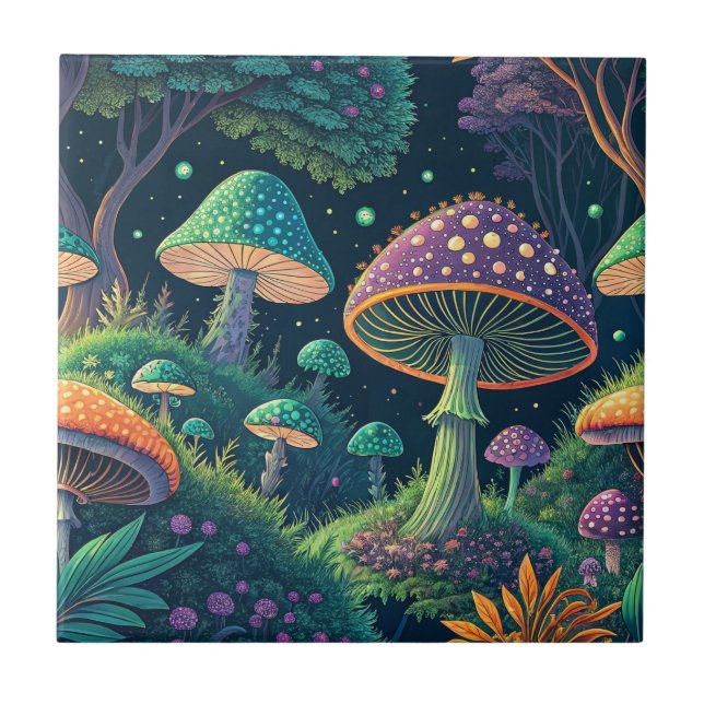 Colourful Magical Fantasy Mushroom Forest Pattern Tile (Front)