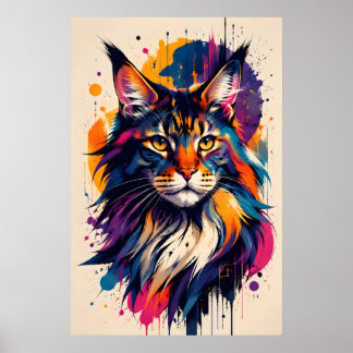 Colourful maine coon cat portrait digital art styl poster