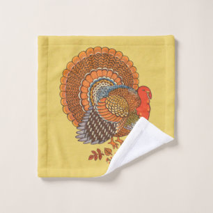 Colourful Male Turkey Fanned Tail Leaves Yellow Wash Cloth