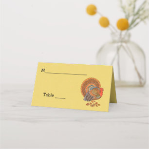 Colourful Male Turkey Spread Tail in Leaves Yellow Place Card