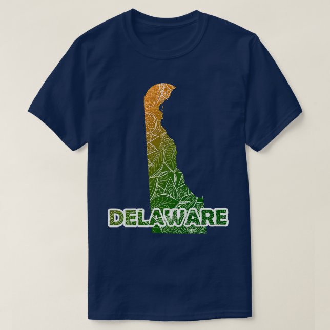 Colourful mandala art map of Delaware with text in T-Shirt (Design Front)