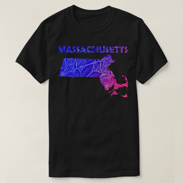 Colourful mandala art map of Massachusetts with te T-Shirt (Design Front)
