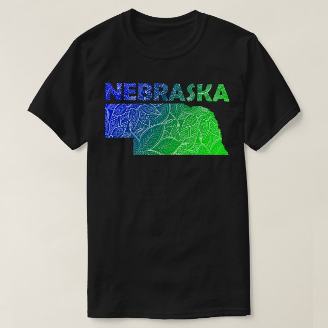 Colourful mandala art map of Nebraska with text in T-Shirt (Design Front)