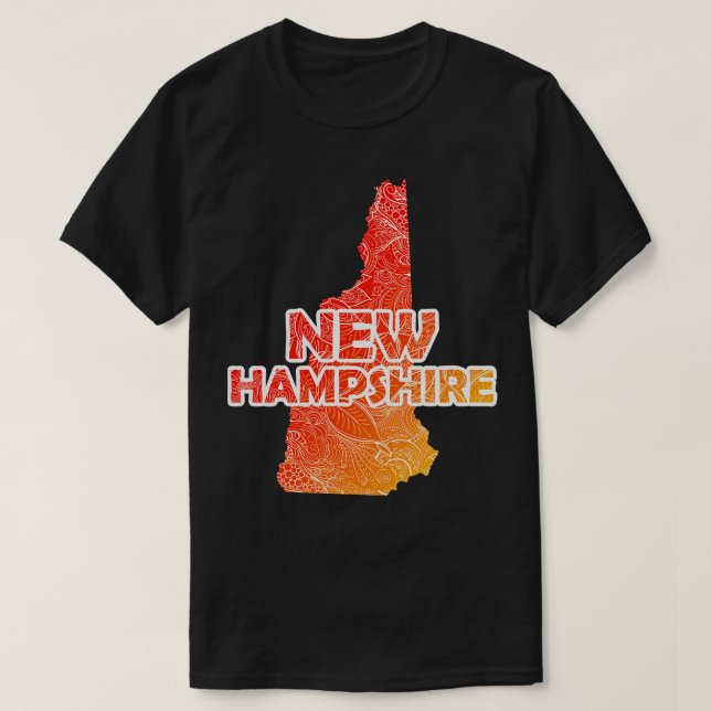 Colourful mandala art map of New Hampshire with te T-Shirt (Design Front)