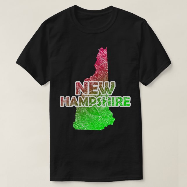 Colourful mandala art map of New Hampshire with te T-Shirt (Design Front)