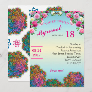 Colourful Mandala Birthday Invitation with flowers