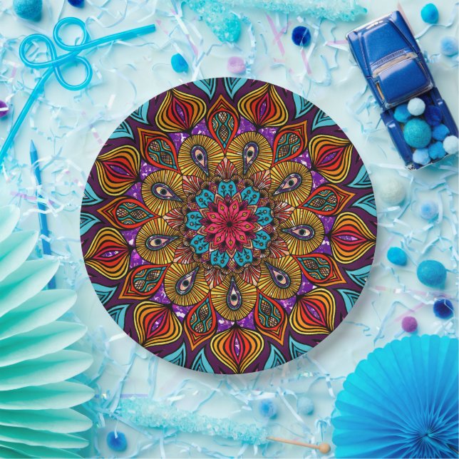     Colourful Mandala Boho Maximalist Hippie Purpl Paper Plate (Party)