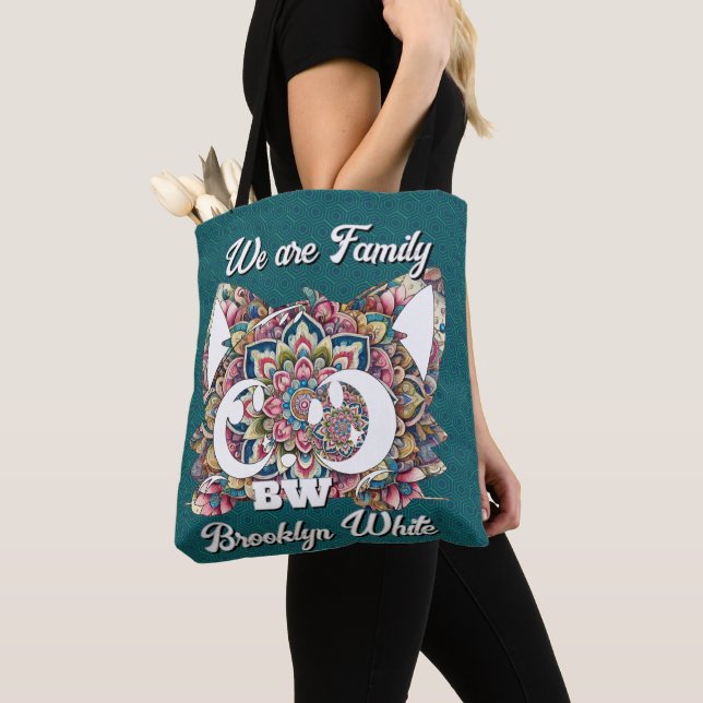 Colourful Mandala Cat Customizable Monogrammed Tote Bag (Close Up)