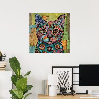 Colourful Mandala Cat Portrait Vibrant Wall Art