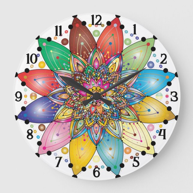 Colourful Mandala Clock with Arabic Numbers (Front)