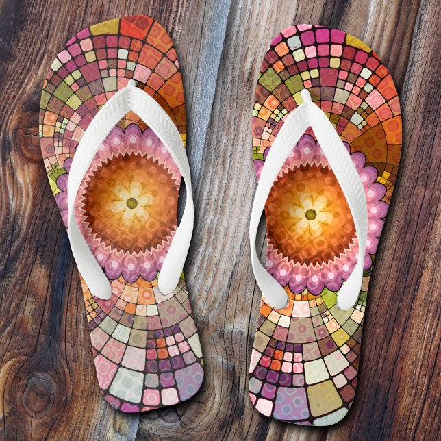 Colourful Mandala Creative Mosaic Flip Flops (Colorful artistic boho flip flops in a mandala mosaic style.)