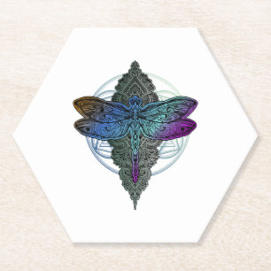 Colourful Mandala Dragonfly Lotus Flower Tee Paper Coaster