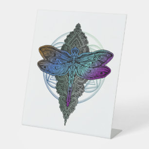 Colourful Mandala Dragonfly Lotus Flower Tee Pedestal Sign