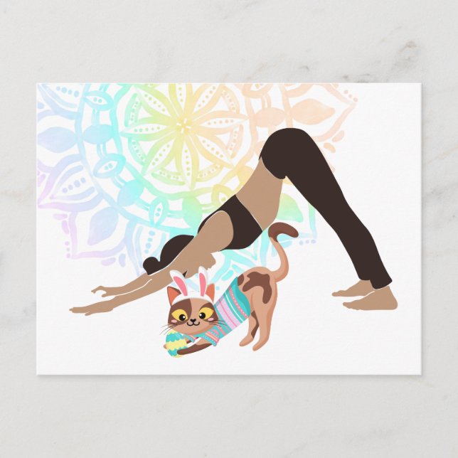 Colourful Mandala Easter Yoga Girl and Cat Holiday Postcard (Front)