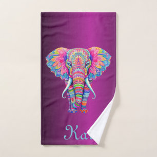 Colourful Mandala Elephant with Customized Name Bath Towel Set