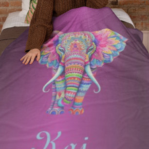 Colourful Mandala Elephant with Customized Name Fleece Blanket