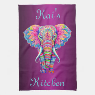 Colourful Mandala Elephant with Customized Name Kitchen Towel