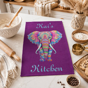Colourful Mandala Elephant with Customized Name Kitchen Towel