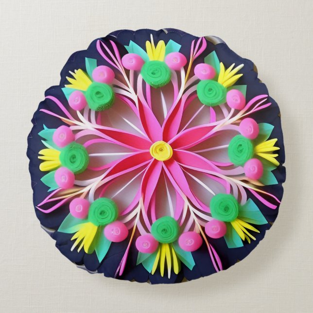Colourful Mandala Flower Round Pillow (Front)
