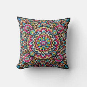 Colourful Mandala - Intricate Boho Throw Pillow