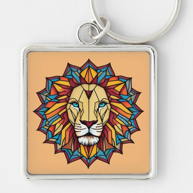 "Colourful Mandala Lion: Geometric Art Design" Keychain (Front)