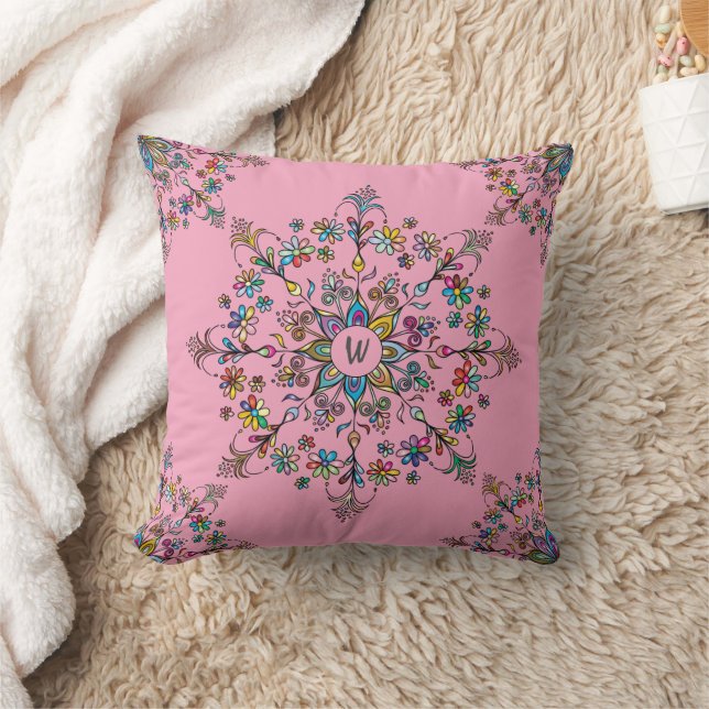 Colourful Mandala Monogrammed Throw Pillow (Blanket)