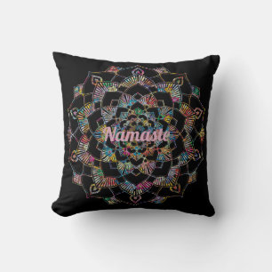 Colourful Mandala Namaste Black Throw Pillow
